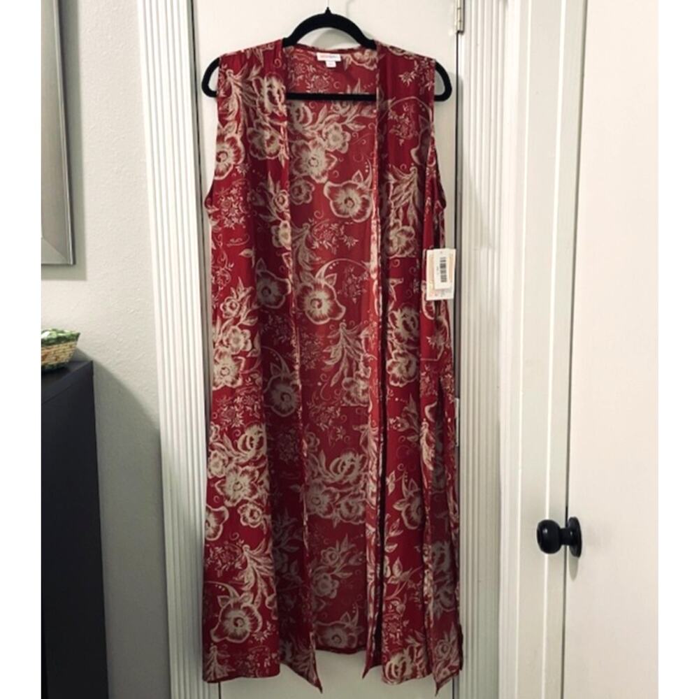 LuLaRoe JOY Longline Duster Vest Large Red Cream Floral Boho Layering Maxi